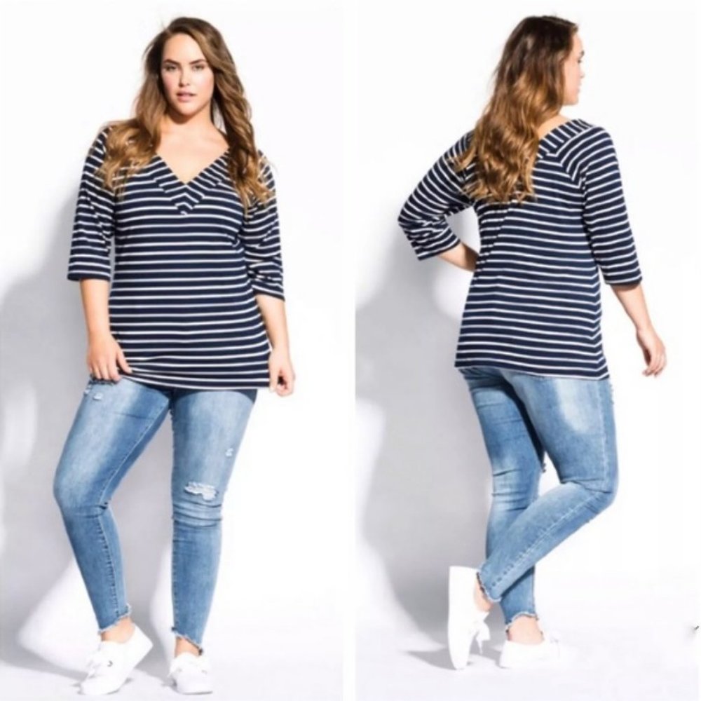City Chic Bardot Striped V-Neck Navy 3/4 Sleeve